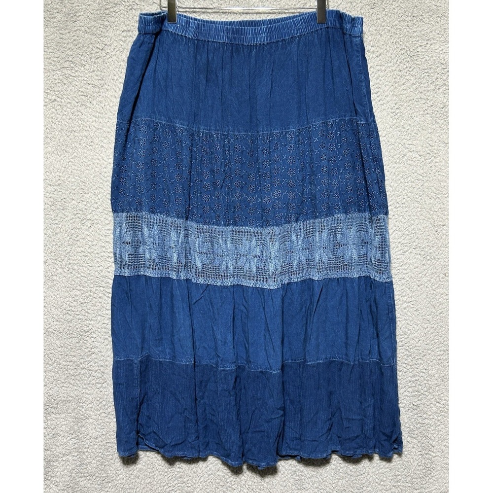 Studio West Apparel Blue Tiered Midi Skirt Boho Festival Rayon Womens L Cowgirl